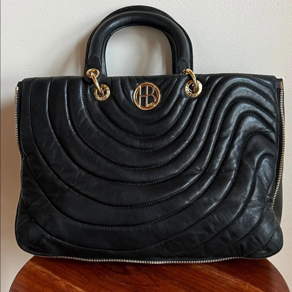 Henri Bendel Black Quilted lambskin Satchel with Gold Details